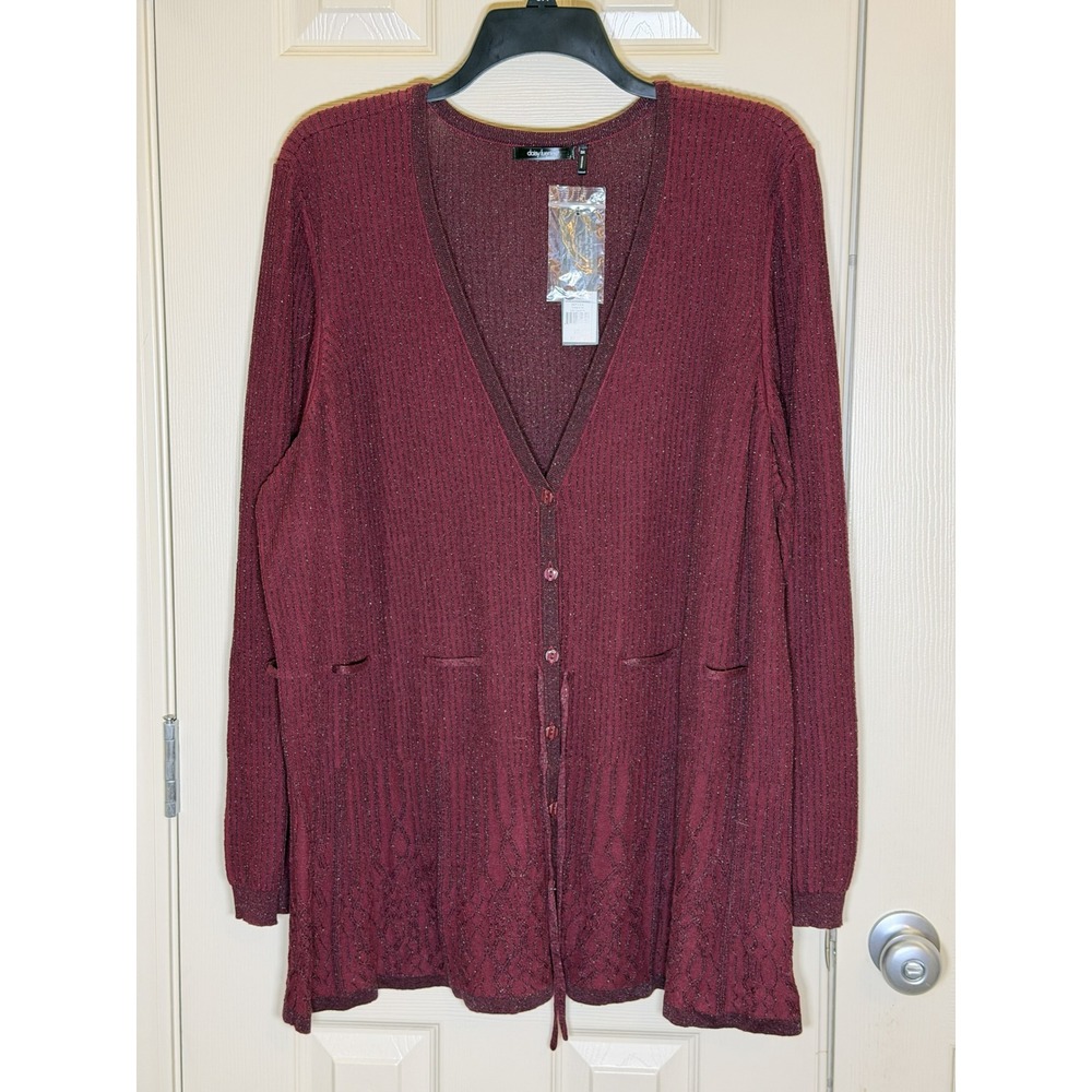 Daisy Fuentes Cardigan Women 3X Bordeaux NWT Metallic Ribbed ButtonFront Sweater